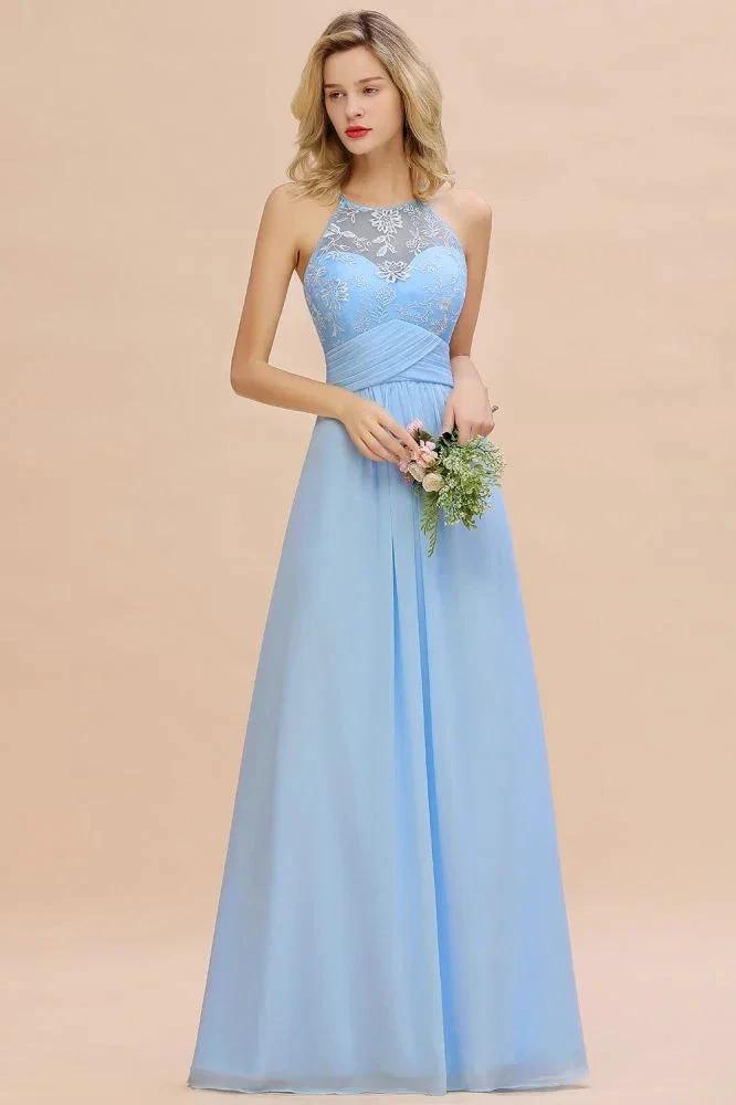 Halter Floral lace aline Chiffon Bridesmaid Dress Sleeveless Ruffle Wedding Guest Dress by misshow.com