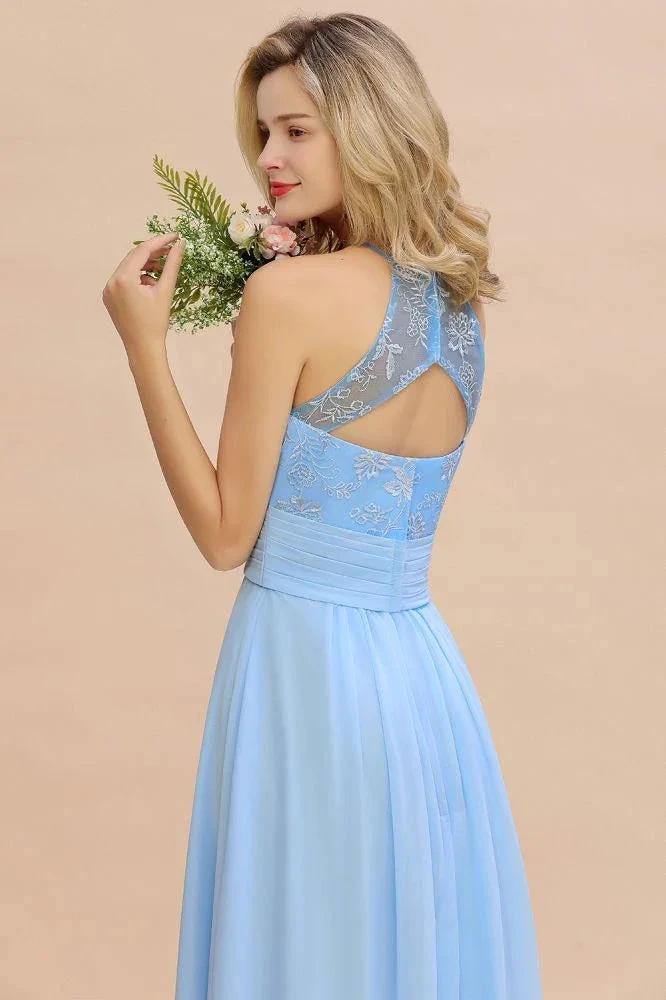 Halter Floral lace aline Chiffon Bridesmaid Dress Sleeveless Ruffle Wedding Guest Dress by misshow.com