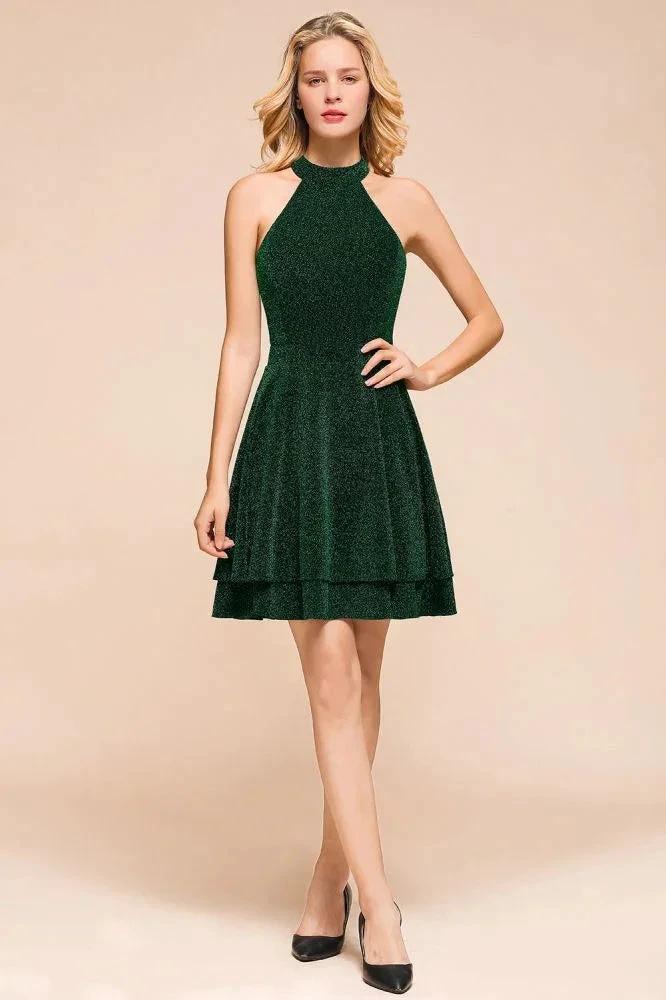 Halter Knee Length Homecoming Dress Sleeveless Dark Green Bright Silk Evening Dress by misshow.com