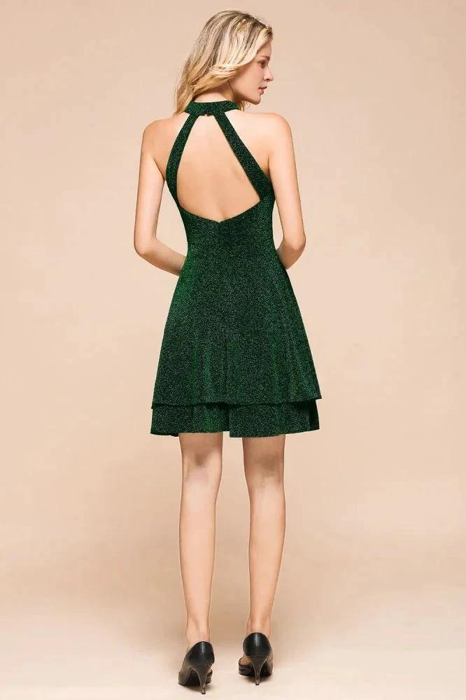 Halter Knee Length Homecoming Dress Sleeveless Dark Green Bright Silk Evening Dress by misshow.com