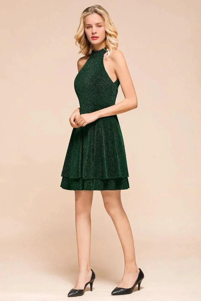 Halter Knee Length Homecoming Dress Sleeveless Dark Green Bright Silk Evening Dress by misshow.com