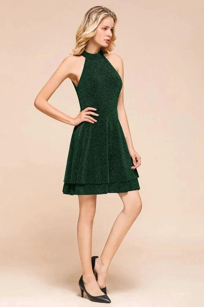 Halter Knee Length Homecoming Dress Sleeveless Dark Green Bright Silk Evening Dress by misshow.com