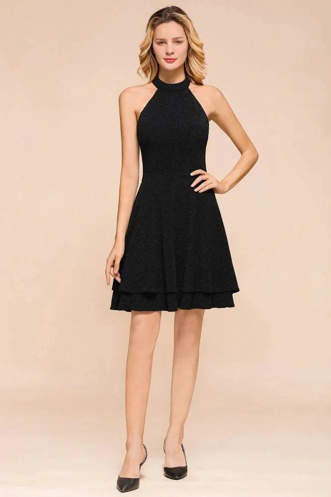 Halter Knee Length Homecoming Dress Sleeveless Dark Green Bright Silk Evening Dress by misshow.com