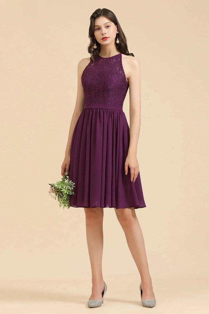 Halter Lace Bridesmaid Dress Chiffon Sleeveless Short Dress by misshow.com