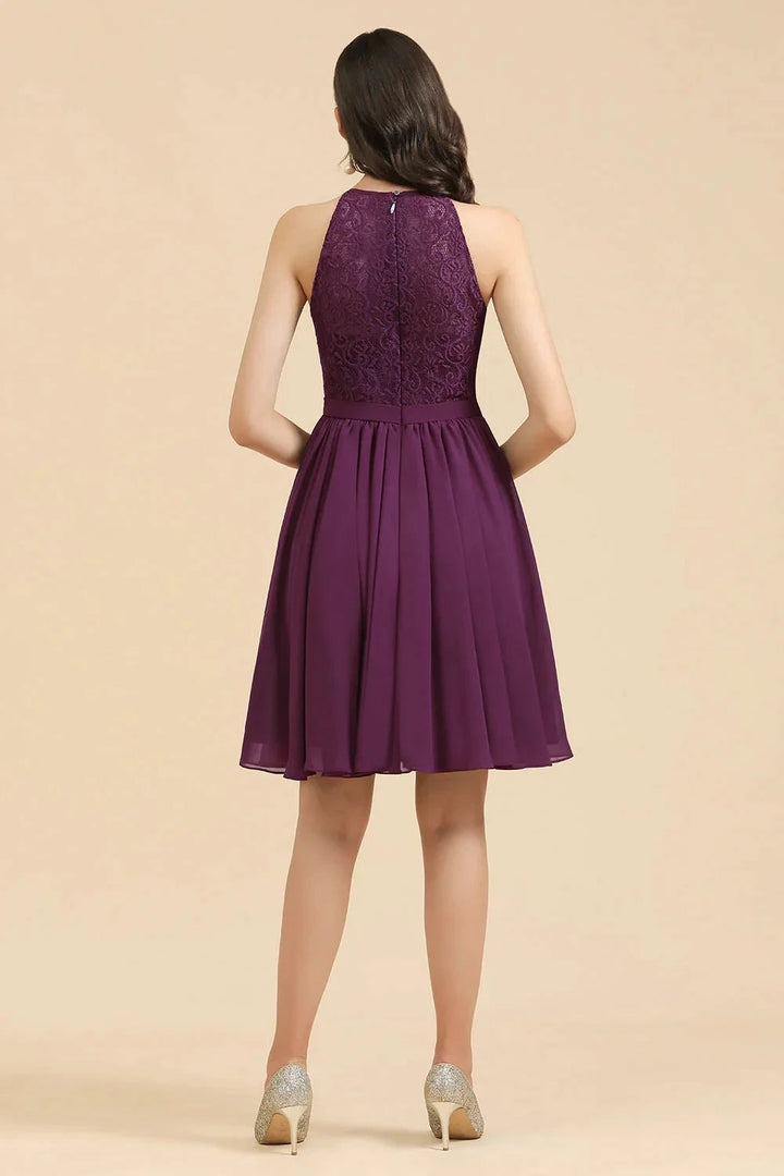 Halter Lace Bridesmaid Dress Chiffon Sleeveless Short Dress by misshow.com