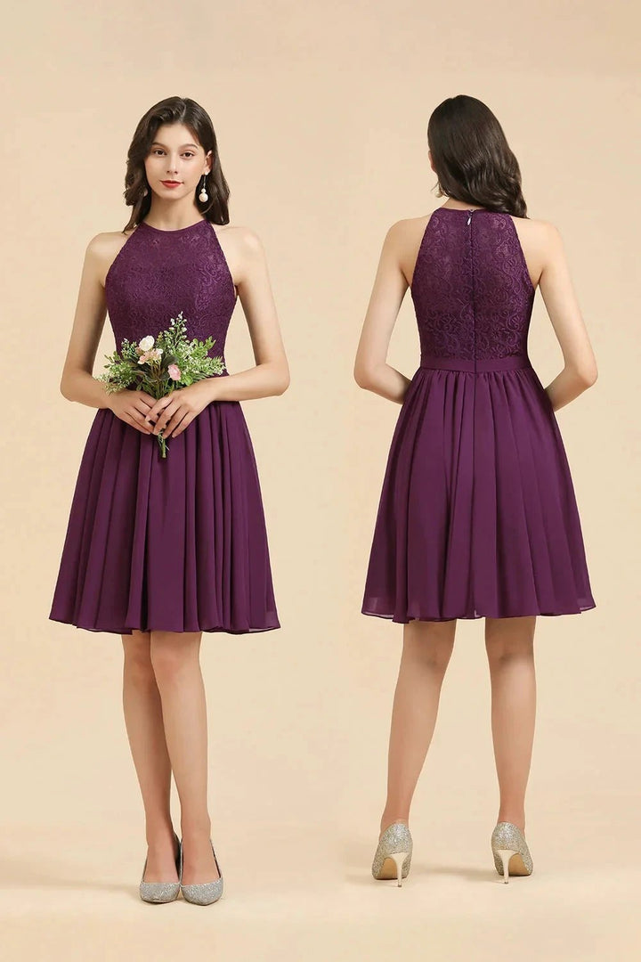 Halter Lace Bridesmaid Dress Chiffon Sleeveless Short Dress by misshow.com