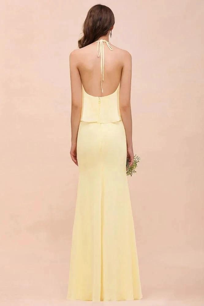Halter Mermaid Chiffon Girls Bridesmaid Dress Yellow Floor length Beach Wedding Dress by misshow.com