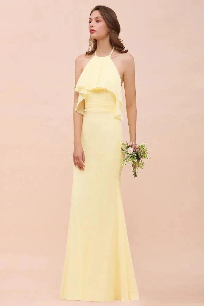 Halter Mermaid Chiffon Girls Bridesmaid Dress Yellow Floor length Beach Wedding Dress by misshow.com