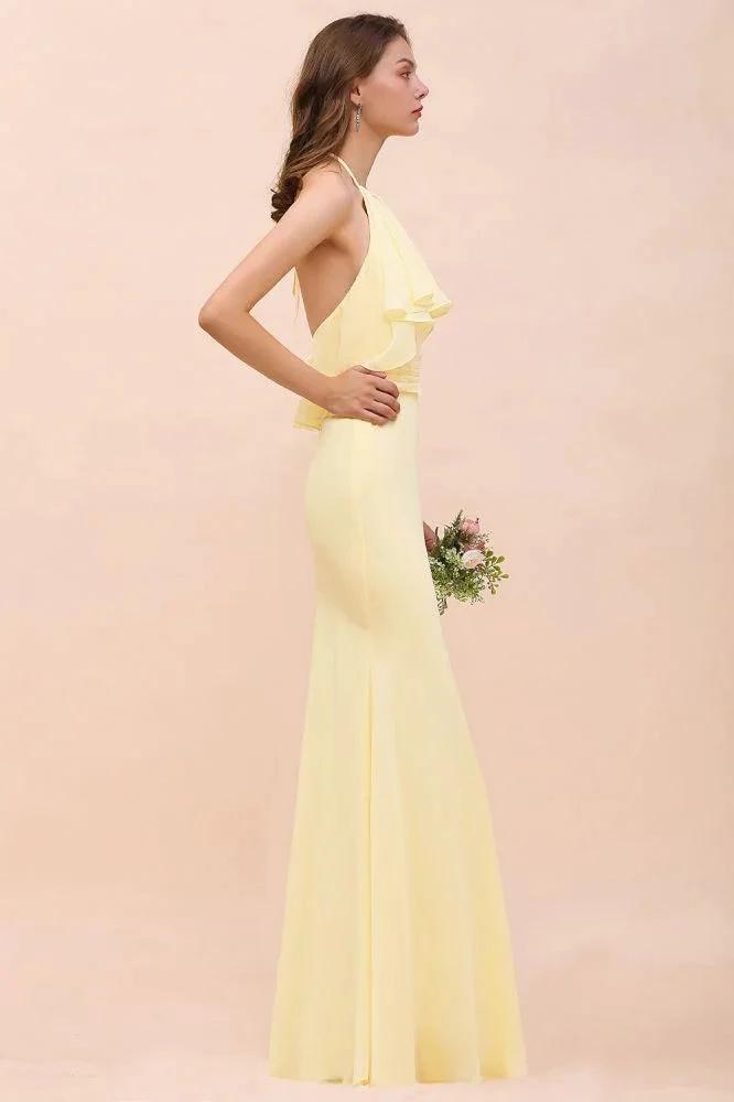 Halter Mermaid Chiffon Girls Bridesmaid Dress Yellow Floor length Beach Wedding Dress by misshow.com