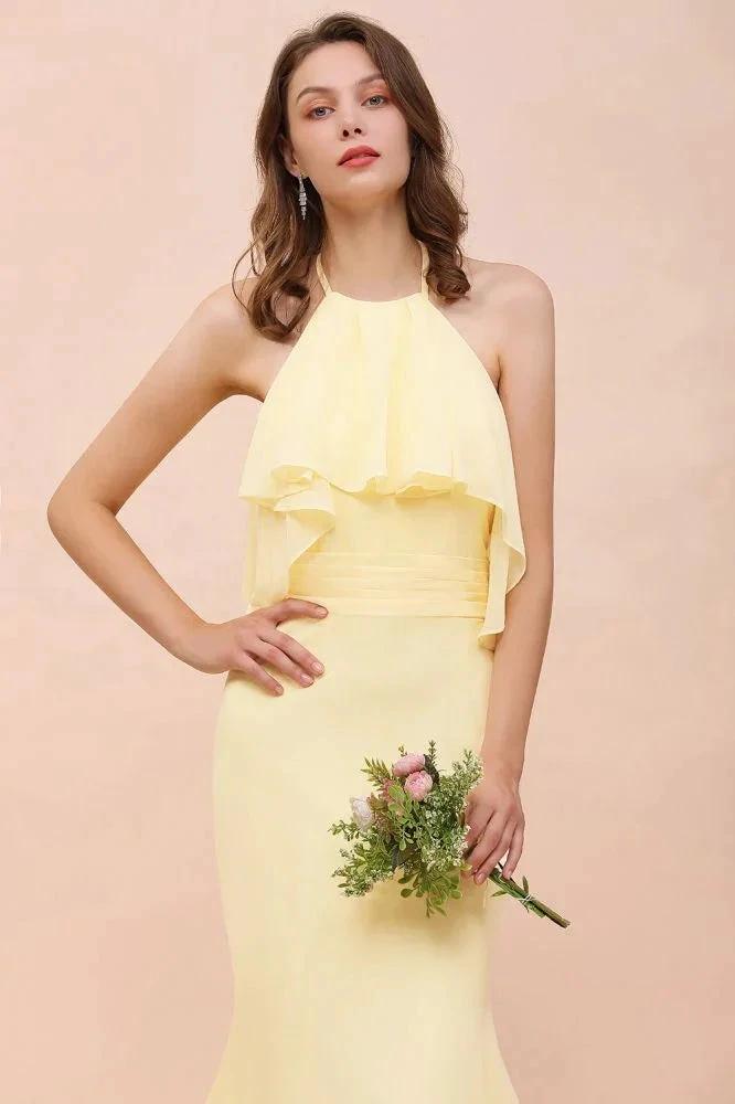 Halter Mermaid Chiffon Girls Bridesmaid Dress Yellow Floor length Beach Wedding Dress by misshow.com