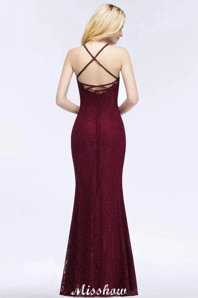 Halter Mermaid Evening Dress Floor Length Lace Burgundy Bridesmaid Dresses by misshow.com