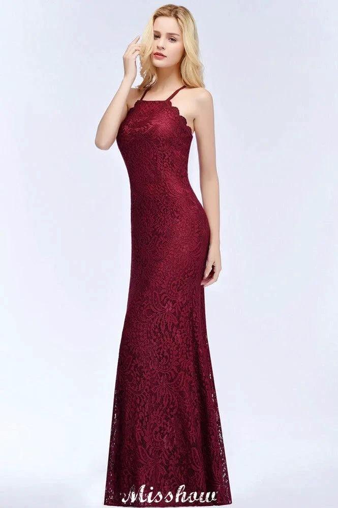 Halter Mermaid Evening Dress Floor Length Lace Burgundy Bridesmaid Dresses by misshow.com