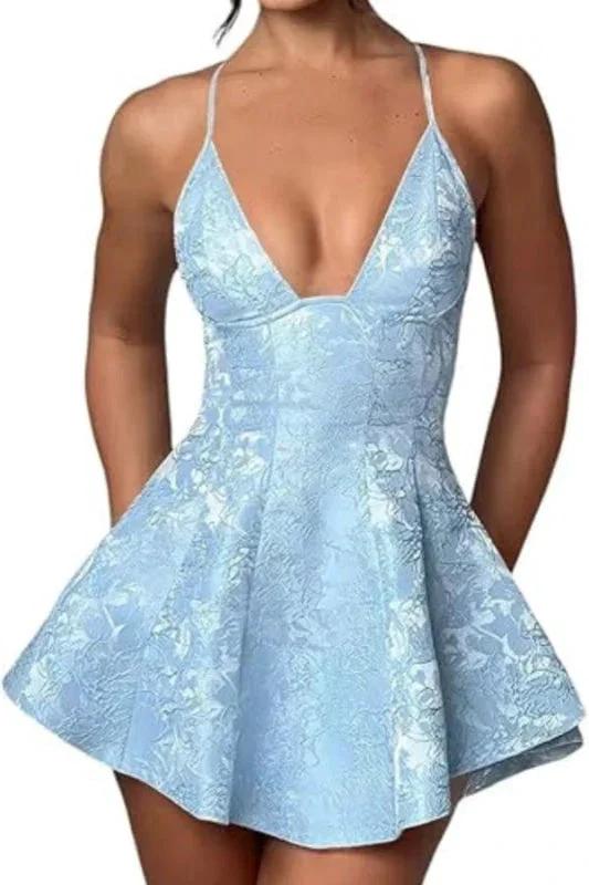 Charming Halter Satin Mini Homecoming Dress Ruffle Floral Jacquard Short Party Dress for Girls by misshow.com