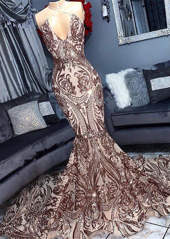 Halter Sequins Mermaid Prom Dress Sleeveless Long Party Gowns by misshow.com