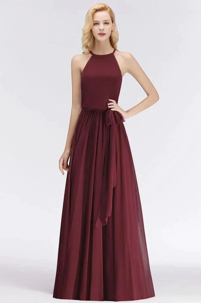 Halter Sleeveless A-line Burgundy Ruffles Chiffon Bridesmaid Dresses by misshow.com
