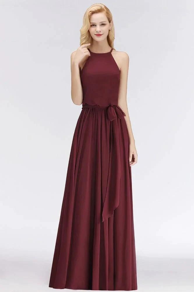 Halter Sleeveless A-line Burgundy Ruffles Chiffon Bridesmaid Dresses by misshow.com