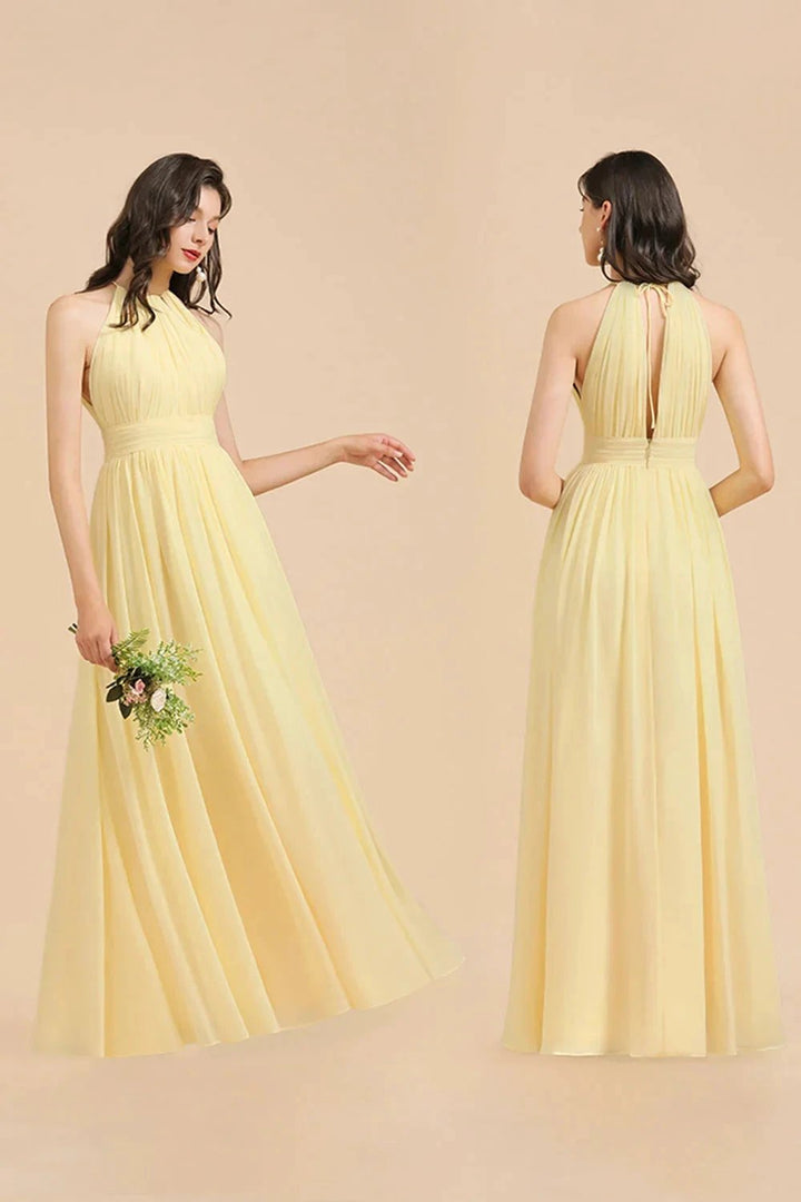 Halter Sleeveless Daffodil Chiffon Bridesmaid Dress with Ruffles by misshow.com