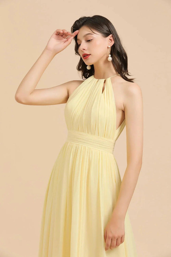 Halter Sleeveless Daffodil Chiffon Bridesmaid Dress with Ruffles by misshow.com