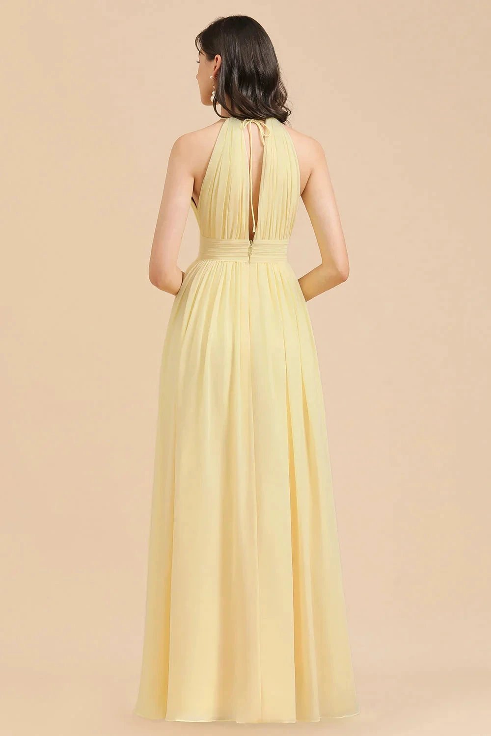 Halter Sleeveless Daffodil Chiffon Bridesmaid Dress with Ruffles by misshow.com