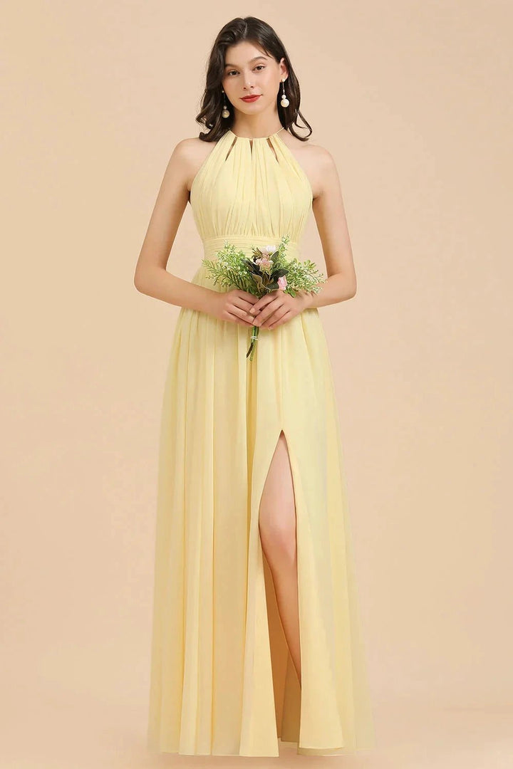 Halter Sleeveless Daffodil Chiffon Bridesmaid Dress with Ruffles by misshow.com