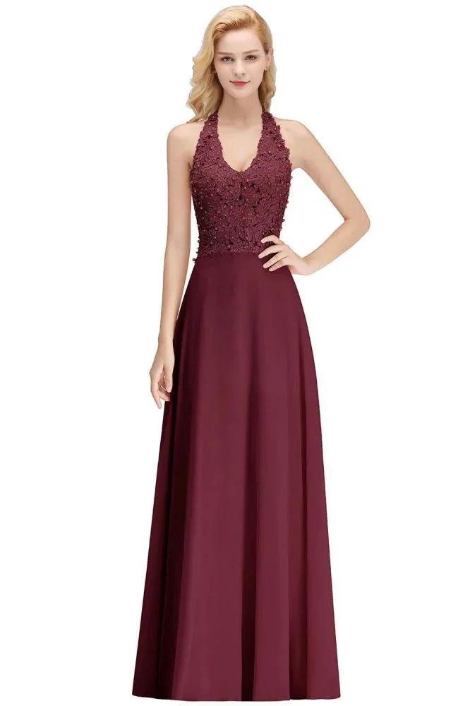 Halter Sleeveless Floral Appliques Evening Party Dress Aline Floor Length Bridesmaid Dress by misshow.com