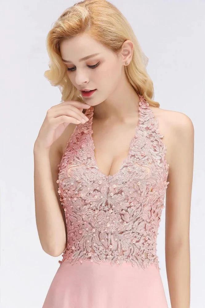 Halter Sleeveless Floral Appliques Evening Party Dress Aline Floor Length Bridesmaid Dress by misshow.com