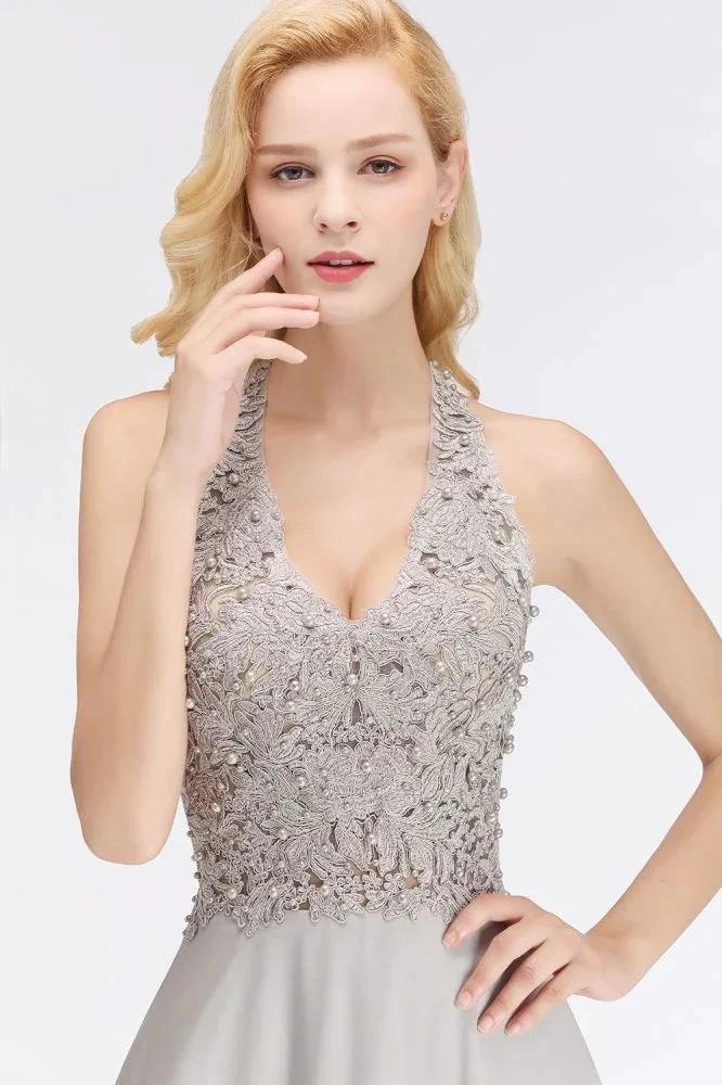 Halter Sleeveless Floral Appliques Evening Party Dress Aline Floor Length Bridesmaid Dress by misshow.com