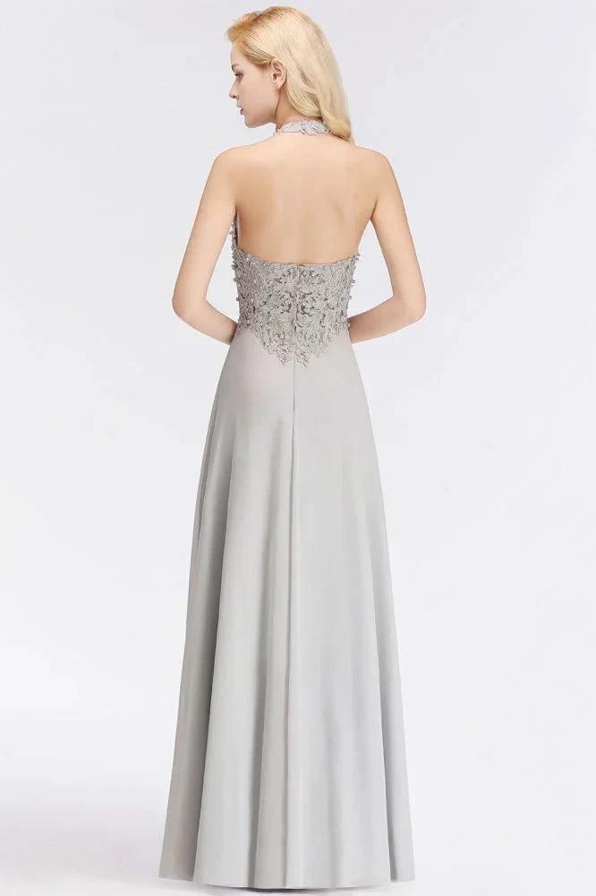 Halter Sleeveless Floral Appliques Evening Party Dress Aline Floor Length Bridesmaid Dress by misshow.com