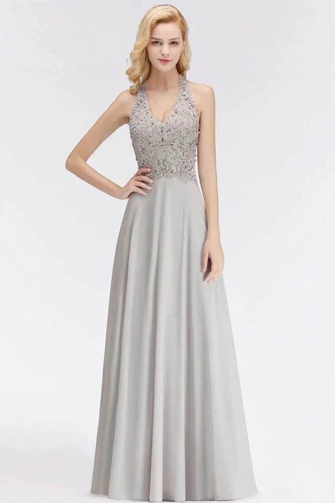 Halter Sleeveless Floral Appliques Evening Party Dress Aline Floor Length Bridesmaid Dress by misshow.com