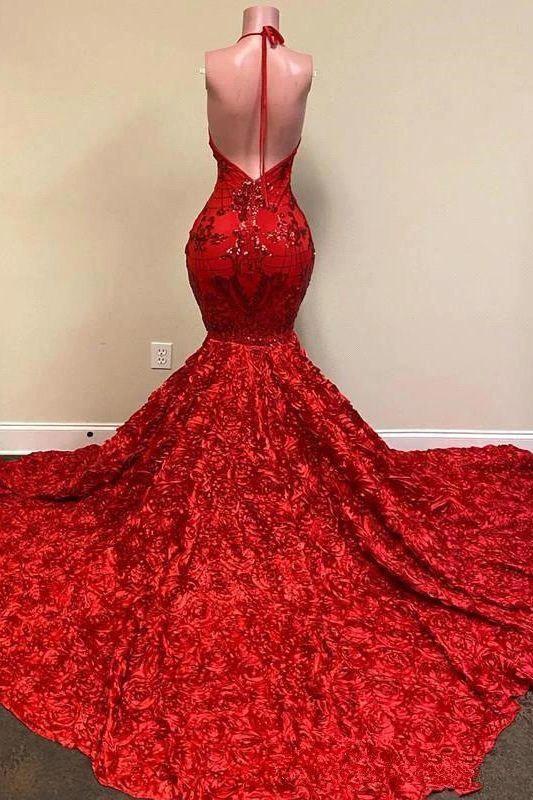 Halter Spaghetti Strapes Glitter Floral Lace Mermaid Prom Dress by misshow.com