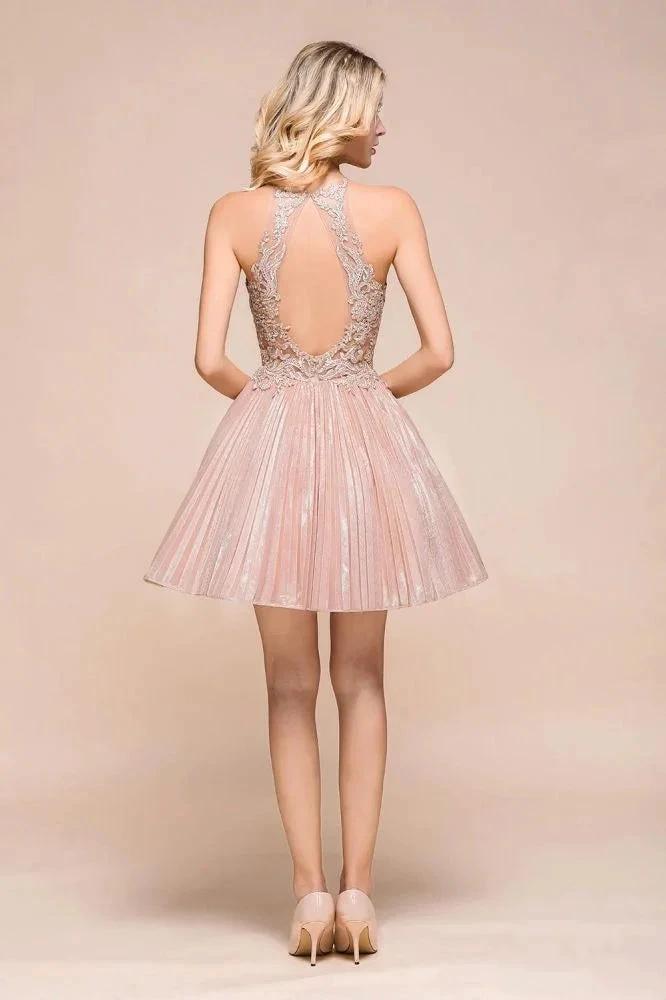 Halter Sparkly Short Homecoming Dress Floral Lace Aline Prom Dress Knee Length by misshow.com