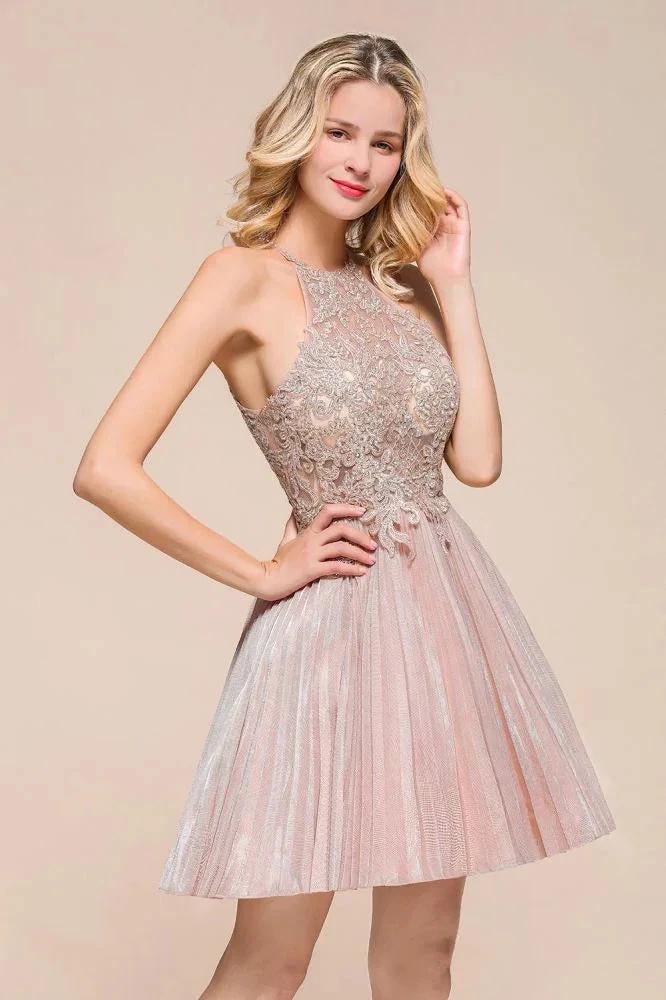 Halter Sparkly Short Homecoming Dress Floral Lace Aline Prom Dress Knee Length by misshow.com
