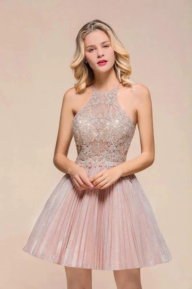 Halter Sparkly Short Homecoming Dress Floral Lace Aline Prom Dress Knee Length by misshow.com