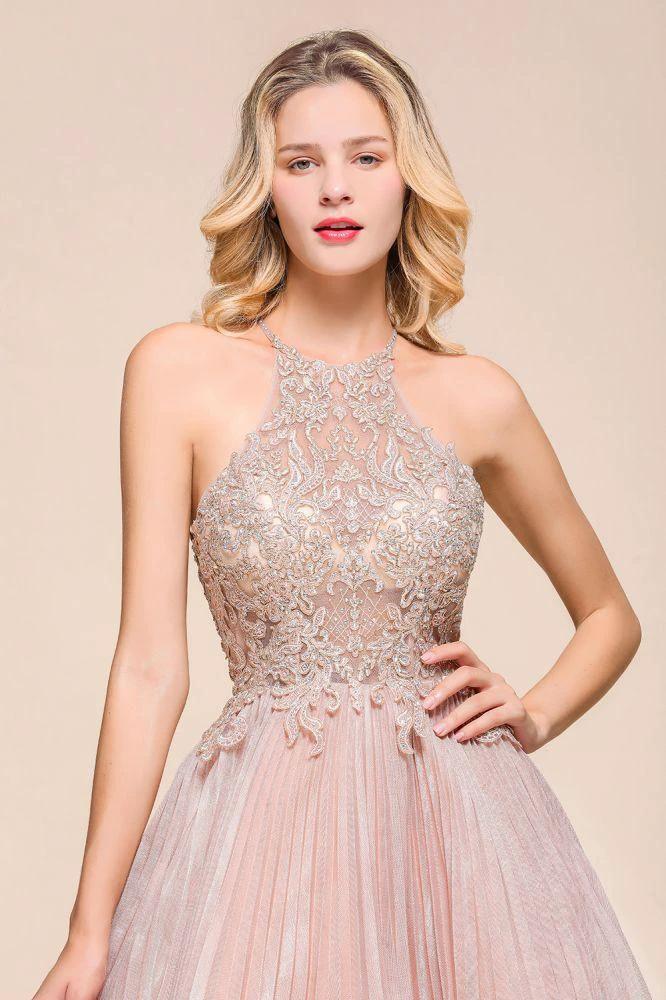 Halter Sparkly Short Homecoming Dress Floral Lace Aline Prom Dress Knee Length by misshow.com