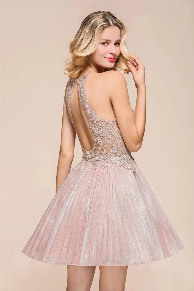 Halter Sparkly Short Homecoming Dress Floral Lace Aline Prom Dress Knee Length by misshow.com