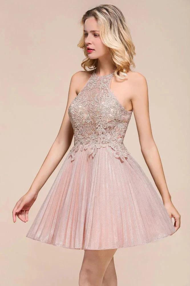Halter Sparkly Short Homecoming Dress Floral Lace Aline Prom Dress Knee Length by misshow.com