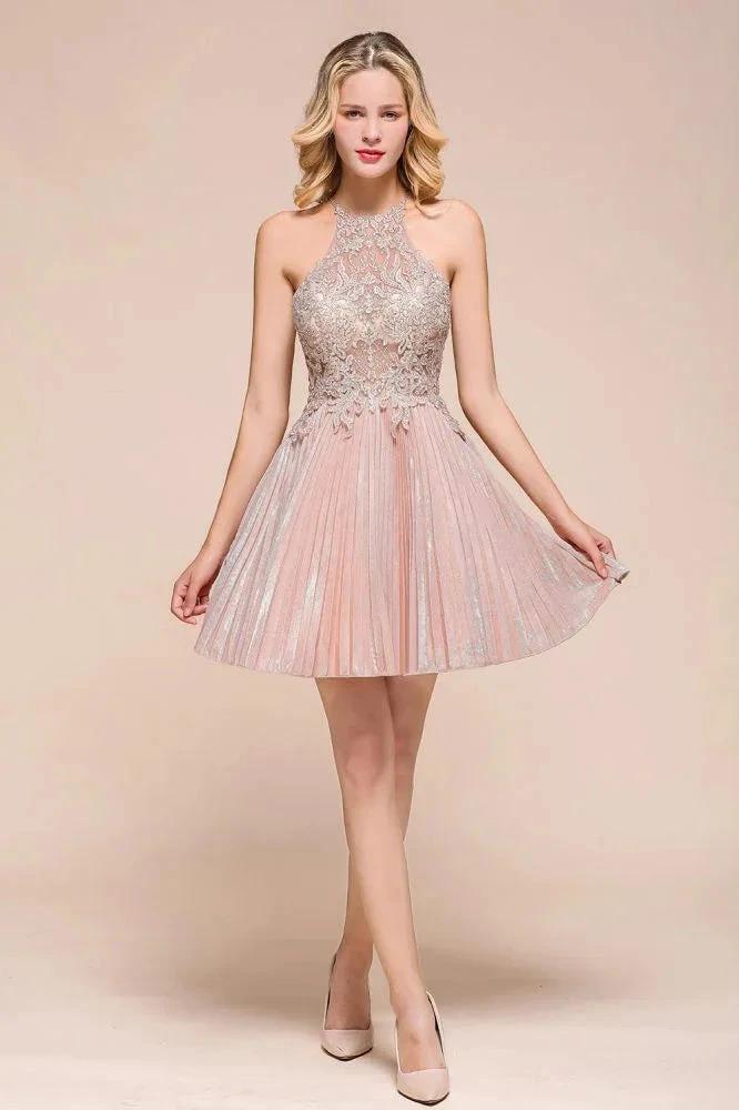 Halter Sparkly Short Homecoming Dress Floral Lace Aline Prom Dress Knee Length by misshow.com