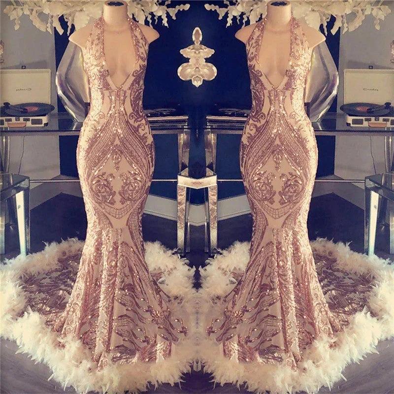 Halter V-neck Sequined Appliques Prom Dress with Feather by misshow.com