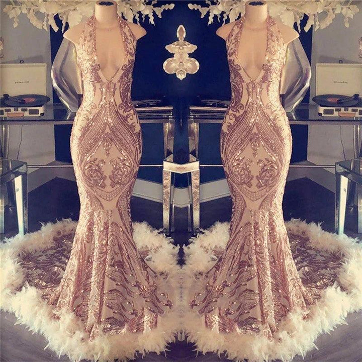 Halter V-neck Sequined Appliques Prom Dress with Feather by misshow.com