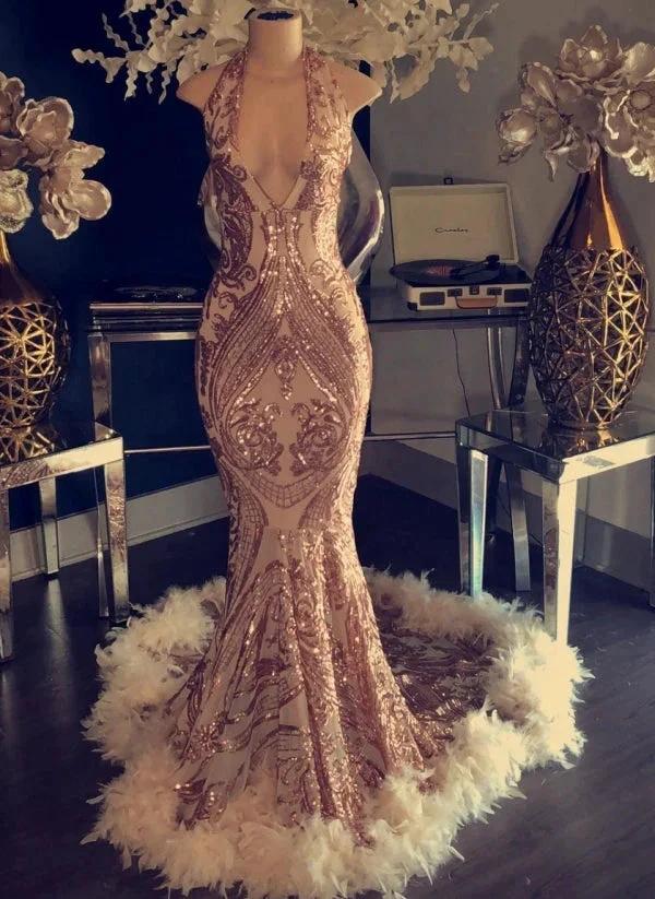 Halter V-neck Sequined Appliques Prom Dress with Feather by misshow.com