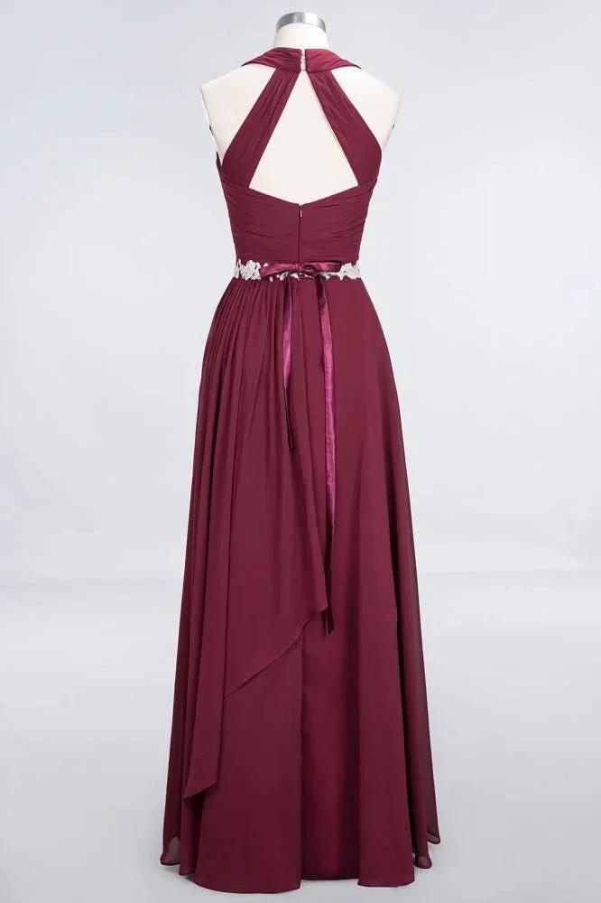 Halter V-Neck Sleeveless Ruffle Bridesmaid Dress with Appliques Sashes Evening Swing Dress by misshow.com