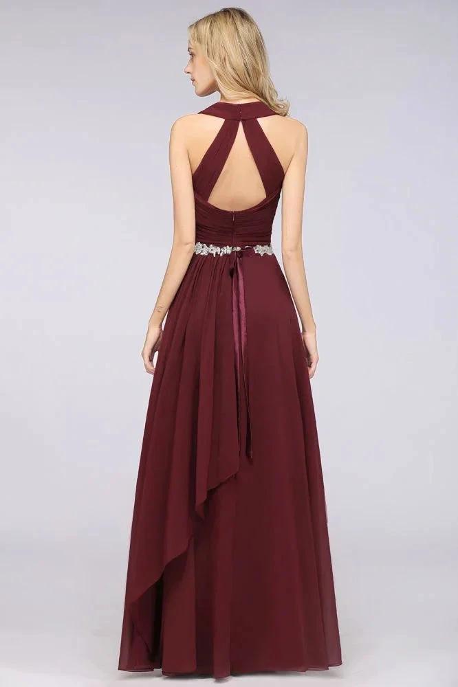 Halter V-Neck Sleeveless Ruffle Bridesmaid Dress with Appliques Sashes Evening Swing Dress by misshow.com