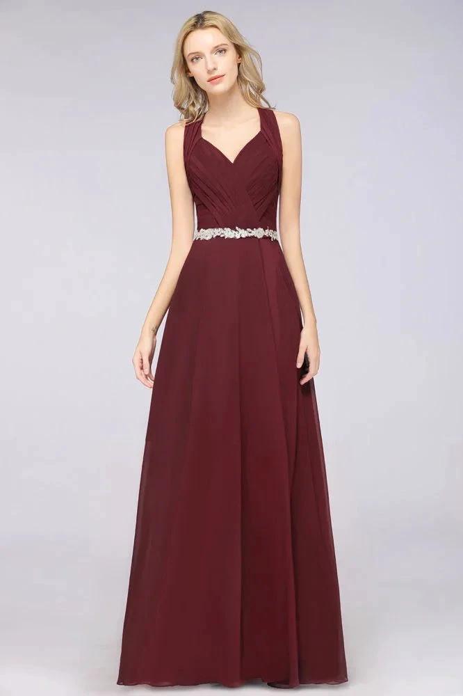 Halter V-Neck Sleeveless Ruffle Bridesmaid Dress with Appliques Sashes Evening Swing Dress by misshow.com