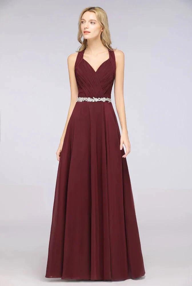 Halter V-Neck Sleeveless Ruffle Bridesmaid Dress with Appliques Sashes Evening Swing Dress by misshow.com