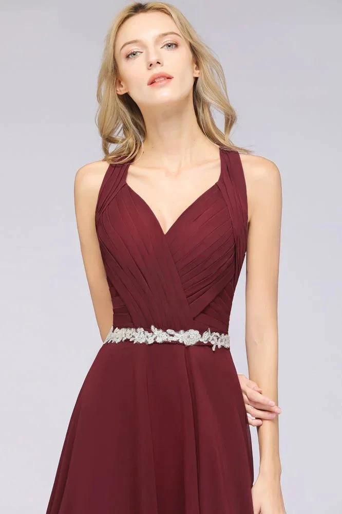 Halter V-Neck Sleeveless Ruffle Bridesmaid Dress with Appliques Sashes Evening Swing Dress by misshow.com