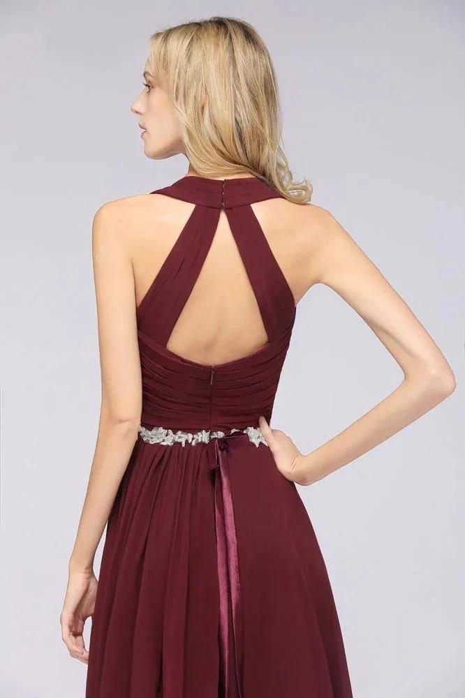 Halter V-Neck Sleeveless Ruffle Bridesmaid Dress with Appliques Sashes Evening Swing Dress by misshow.com