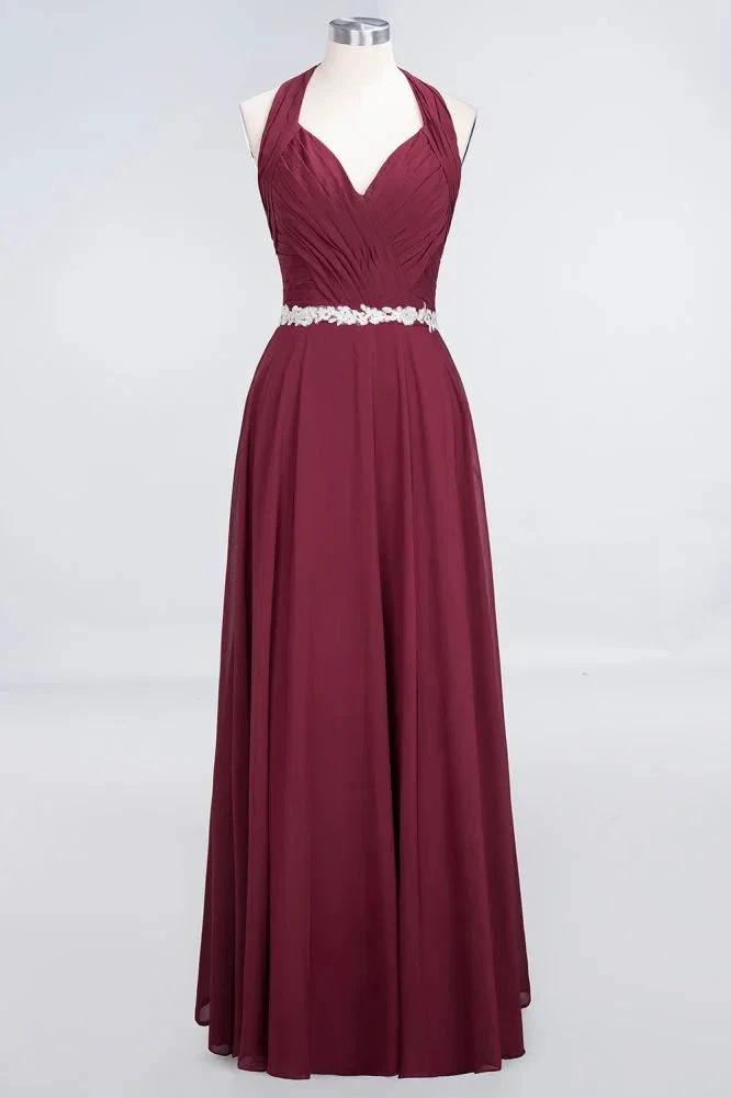 Halter V-Neck Sleeveless Ruffle Bridesmaid Dress with Appliques Sashes Evening Swing Dress by misshow.com