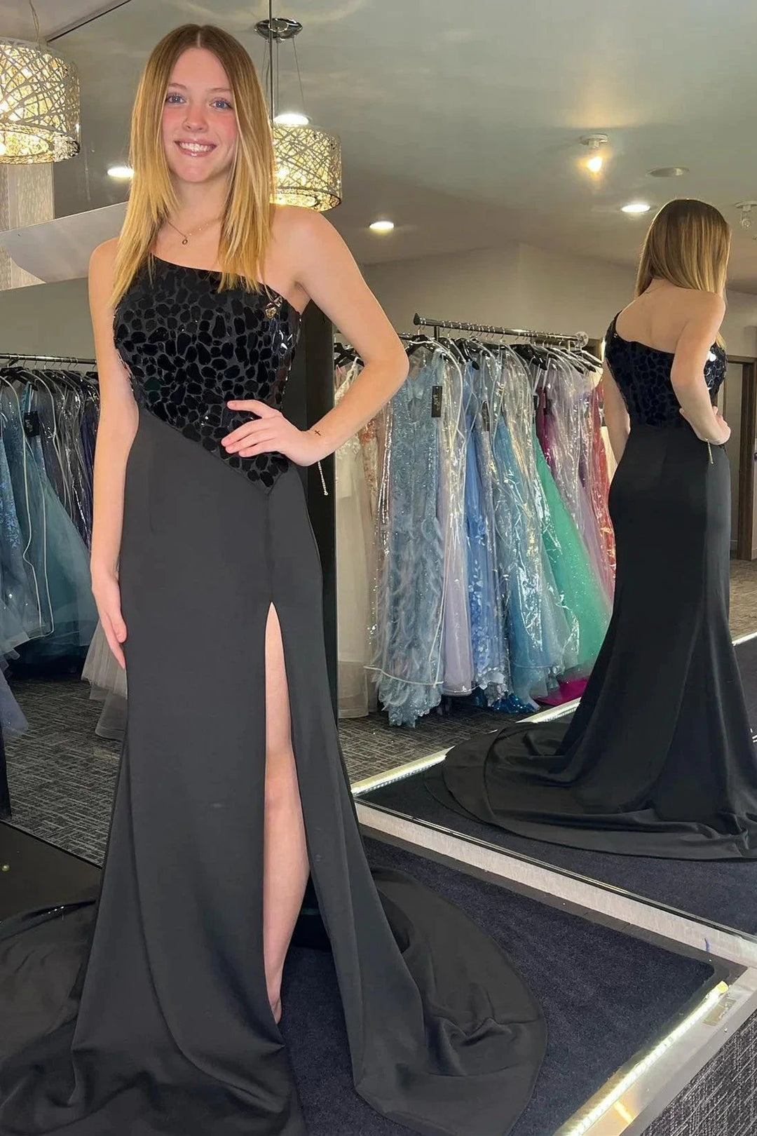 Harlow | Light Blue Cut Glass Mirror One-Shoulder Trumpet Long Formal Dress with Slit by KissProm