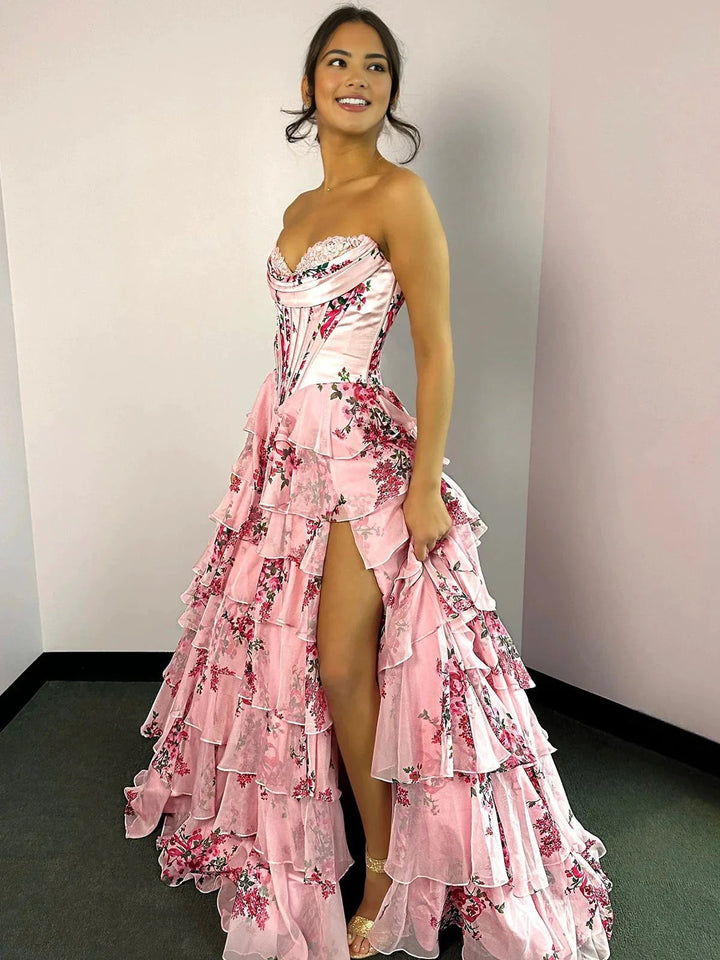 Haruko | A-Line Blush Strapless Chiffon Floral Ruffled Prom Dress With Slit by KissProm