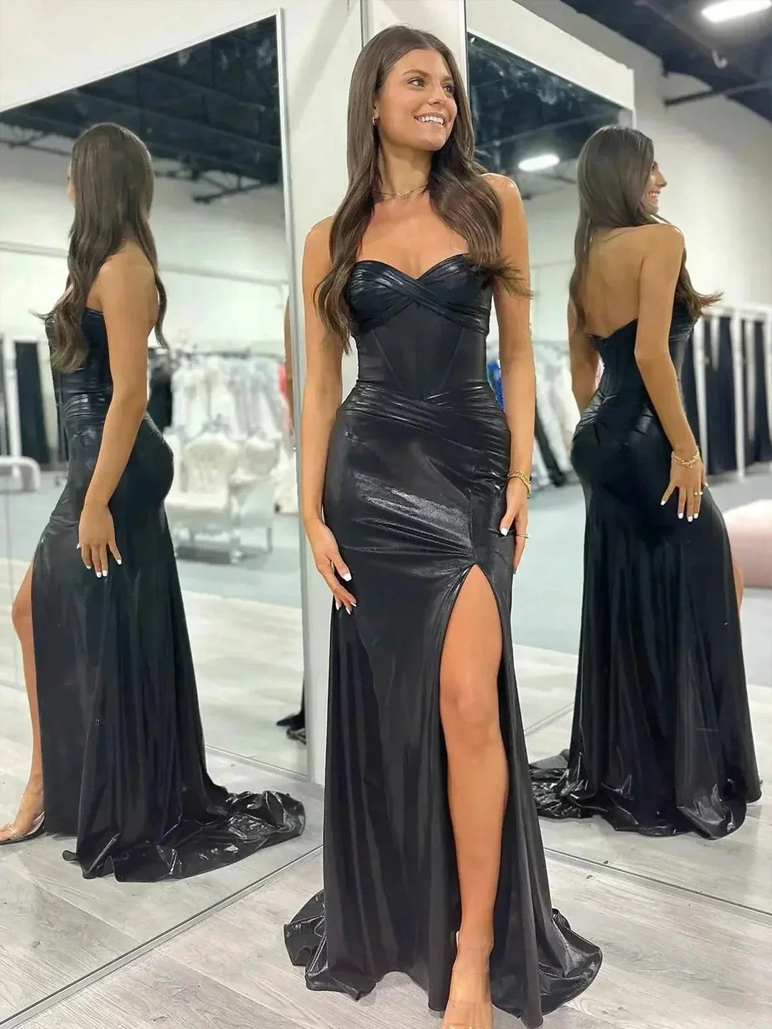 Hedda | Mermaid Sweetheart Strapless Metallic Empire Prom Dress With Side Slit by KissProm